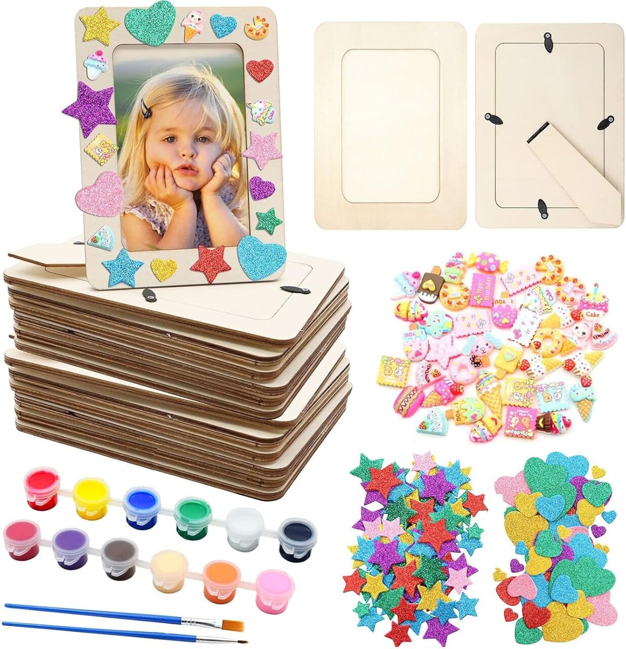 12-Pack DIY Wooden Picture Frame Craft Kit – 7.5"x5.5" Unfinished Frames with Stand, Stickers, Resin Accessories & Painting Tools for Kids’ Crafts, Mother’s Day Gifts
